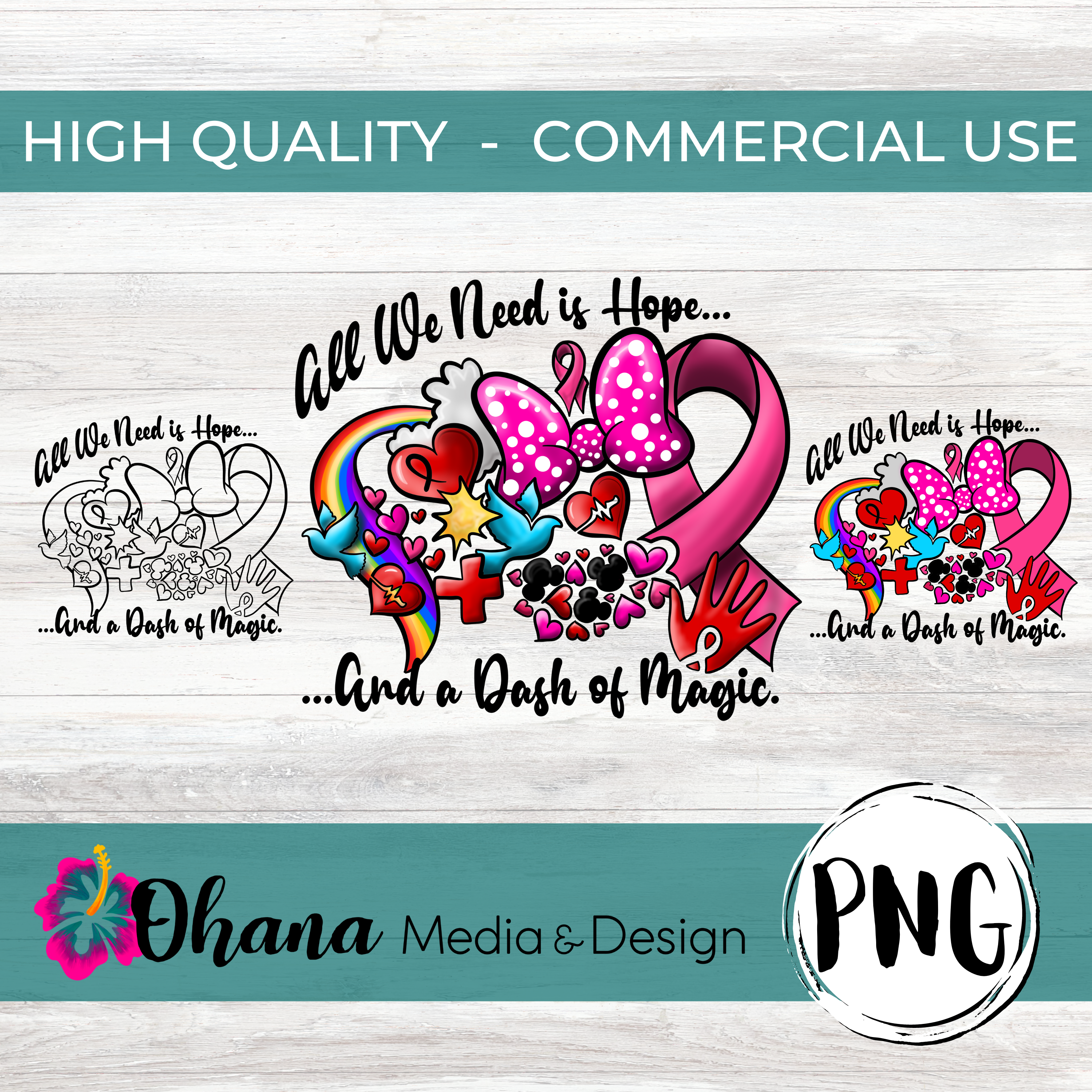 Three Breast Cancer Awareness Designs on White Wood Background