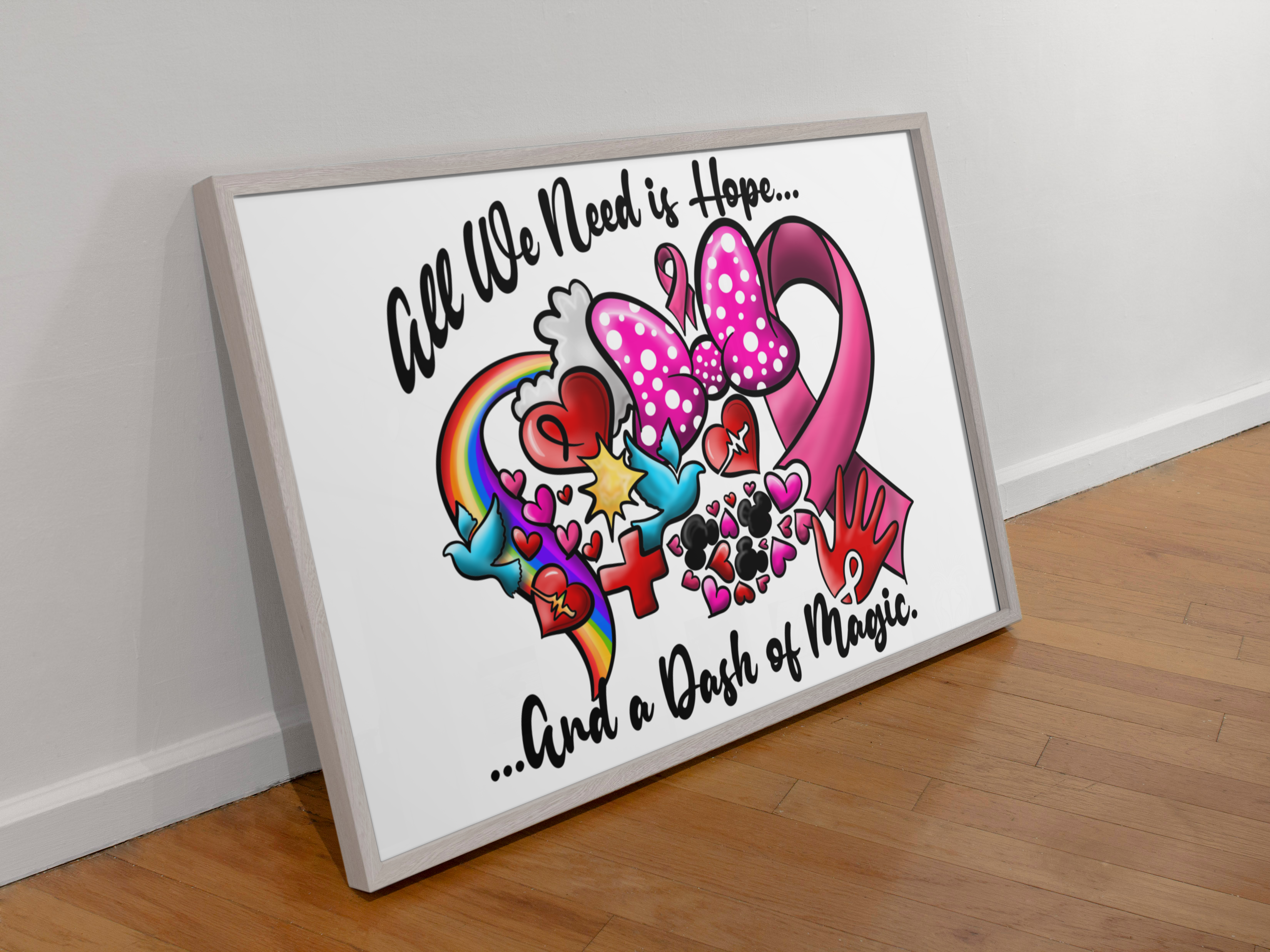 Framed wall art with breast cancer design