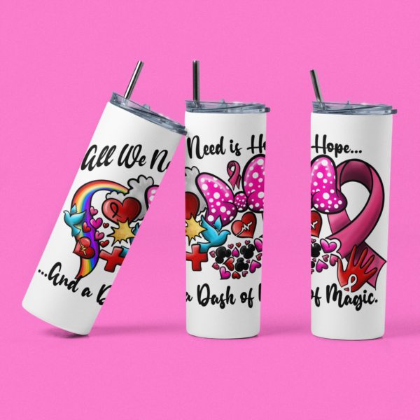 Three tumblers showing a wrap around of an inspirational cancer design