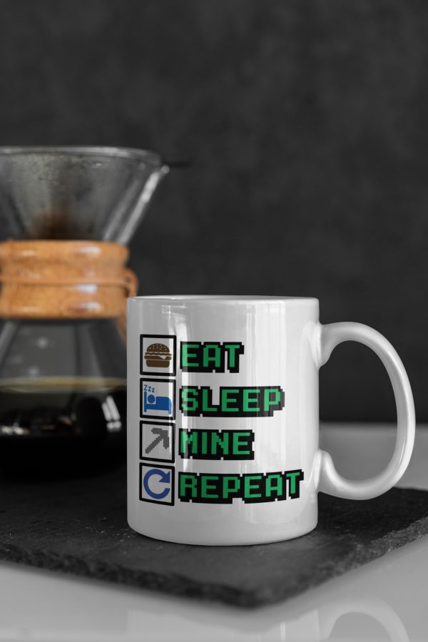 black wash background with coffee thing in the background with white mug with eat sleep mine repeat on the mug