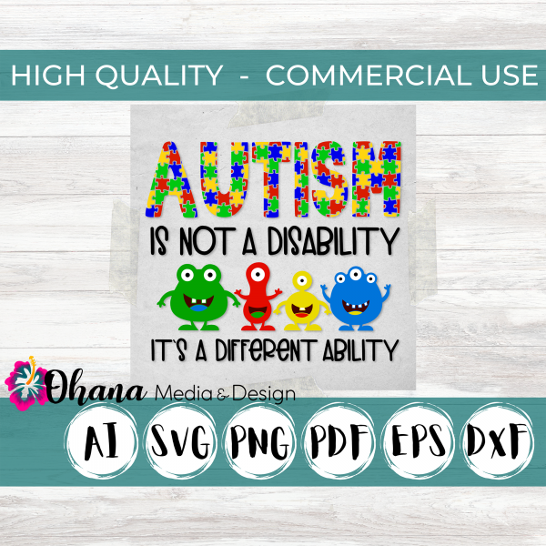 Autism is not a disability it's a different ability product image on a white wood background.