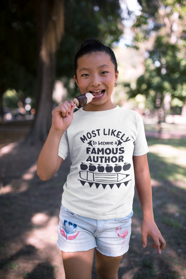 Girl eating a popsicle wearing a tshirt saying most likely to become a famous author