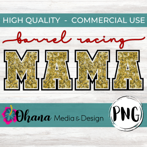 white wood background, barrel racing mama in faux embroidery and faux sequins, ohana media design logo
